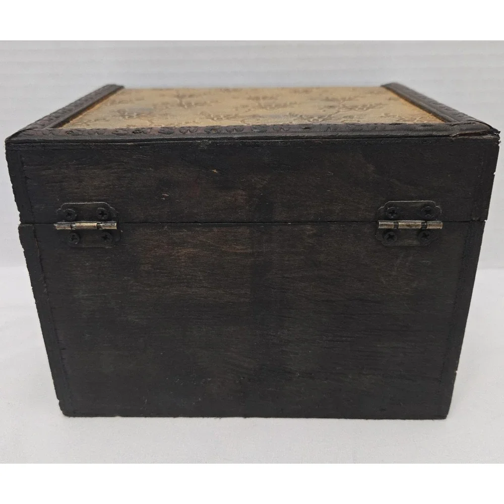 Vintage Wooden Floral Embossed Trinket & Jewelry Box W/Latch (Black Felt Lined)